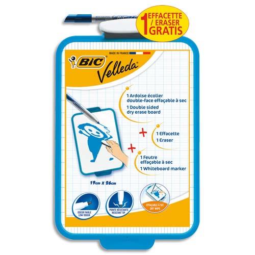 BIC Velleda Ardoise Ecolier Double Face Effaçable + Feutre Bleu Effaçable + Effacette - Turquoise x1