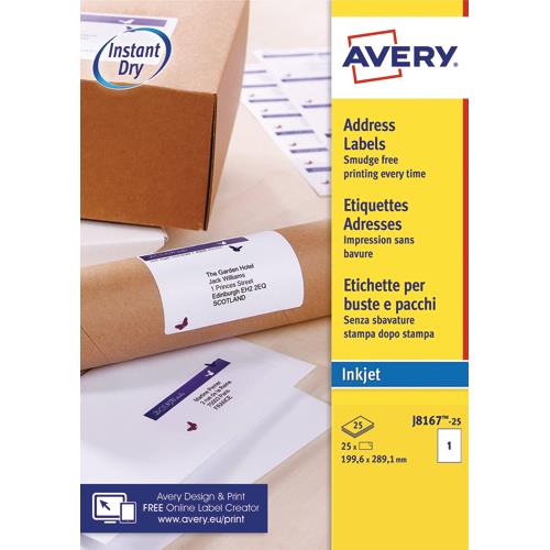 AVERY Boîte de 25 étiquettes Jet d'encre format 199,6x289,1mm