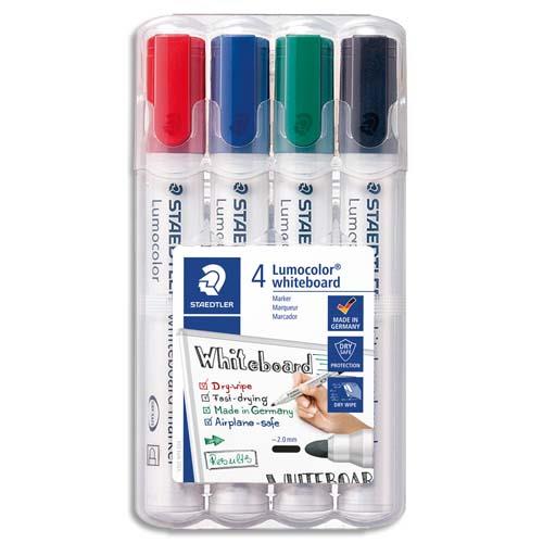 STAEDTLER Pochette de 4 marqueurs effaçables à sec pointe ogive encre alcool 4 couleurs assorties 351