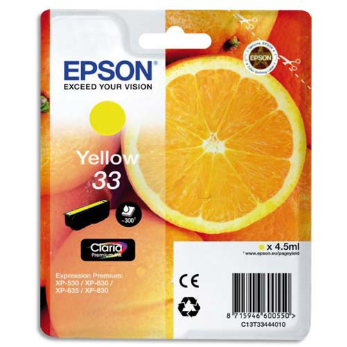 EPSON Cartouche Jet d'Encre Claria Premium Jaune''Oranges'' 33 (T3344) - C13T33444012 (dont eco-taxe de 0,01 €)