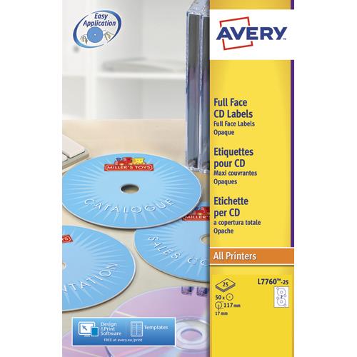 AVERY Boîte de 50 étiquettes Laser couleur pour CD et DVD L7760-25