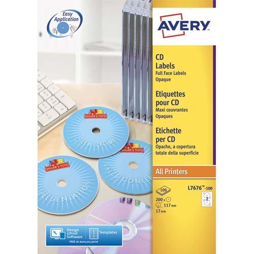 AVERY Boîte de 200 étiquettes Laser monochrome pour CD et DVD L7676-100