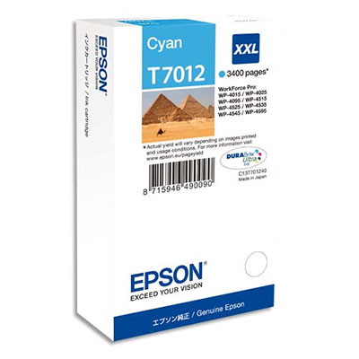 EPSON Cartouche Jet d'Encre Cyan XXL (3 400 p) ''Pyramides'' (T7012) - C13T70124010 (dont eco-taxe de 0,02 €)