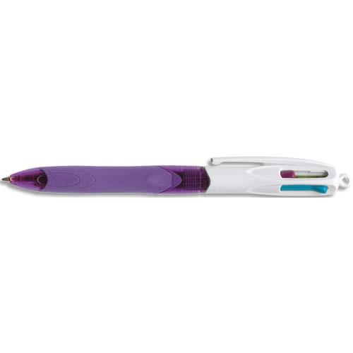 BIC Stylo bille 4 couleurs rétractables avec grip Fashion. Pointe Moyenne. Corps Mauve. Encres Fantaisie