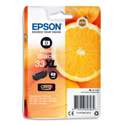 EPSON Cartouche Jet d'Encre Claria Premium Noir Photo (XL) ''Oranges'' 33 (T3361) - C13T33614012 (dont eco-taxe de 0,01 €)