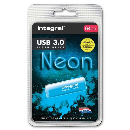 INTEGRAL Clé USB 3.0 Neon 64Go Bleue INFD64GBNEONB3.0 (dont eco-taxe de 0,01 €) (dont taxe copie privée de 2,80 €)