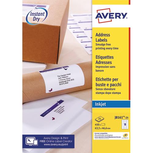 AVERY Boîte de 450 étiquettes adresses Jet d'encre 63,5x46,6mm Blanches J8161-25