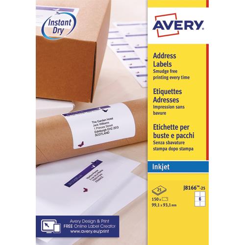 AVERY Boîte de 150 étiquettes adresses Jet d'encre 99,1x93,1mm Blanches J8166-25