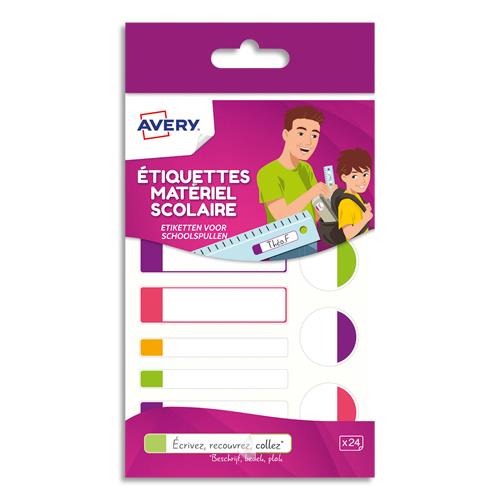 AVERY Boîte de 24 étiquettes plastifiées. 3 formats assortis. Coloris assortis fluorescents
