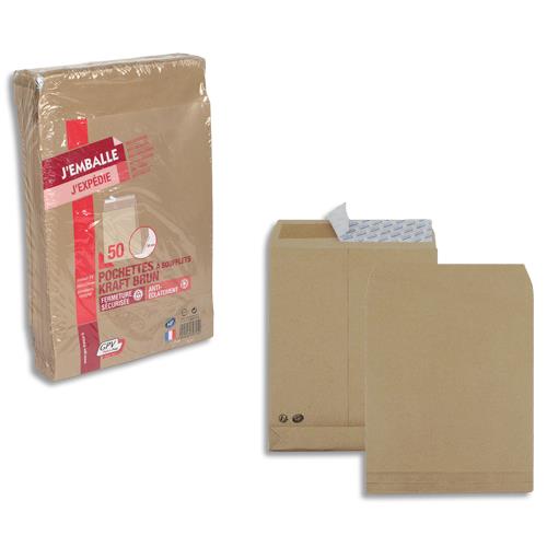 GPV paquet de 50 pochettes kraft brun auto-adhésif, format C4 229x324mm soufflet 30mm120g
