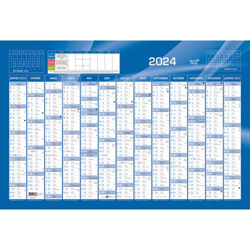 QUO VADIS Calendrier 12 mois par face avec vacances scolaires en haut, format 67,5 x 43 cm Bleu