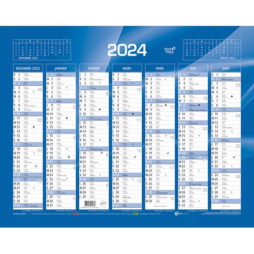QUO VADIS Calendrier 7 mois par face avec vacances scolaires en haut, format 43 x 33,5 cm Bleu