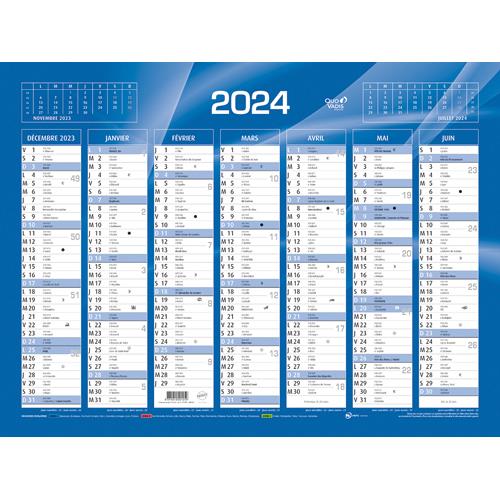 QUO VADIS Calendrier 7 mois par face avec vacances scolaires en haut, format 55 x 40,5 cm Bleu