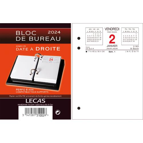 LECAS Bloc éphéméride date à droite, 1 jour par page + note à gauche, 8,5x11,5cm