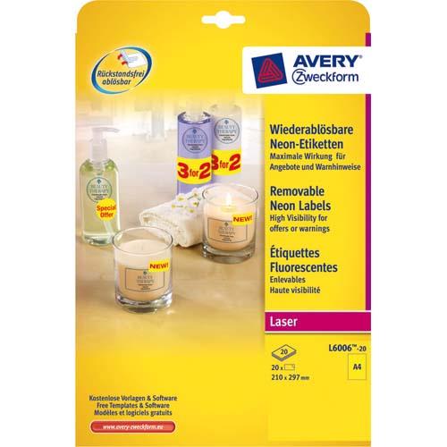 AVERY Boîte de 20 etiquettes Laser rectangulaires enlevables 21x29,7cm coloris Jaune fluo L6006-20
