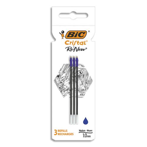 BIC Cristal Re'New Recharges pour Stylo-Bille Pointe Moyenne (1,0 mm) - Bleu, Etui Carton de 3
