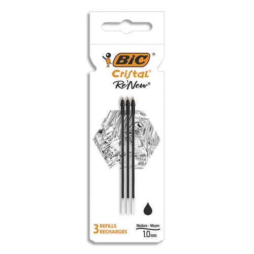 BIC Cristal Re’New Recharges pour Stylo-Bille Pointe Moyenne (1,0 mm) - Noir, Etui Carton de 3