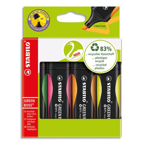 STABILO GREEN BOSS surligneur pointe biseautée - Etui de 4 surligneurs fluo - Jaune/Vert/Orange/Rose