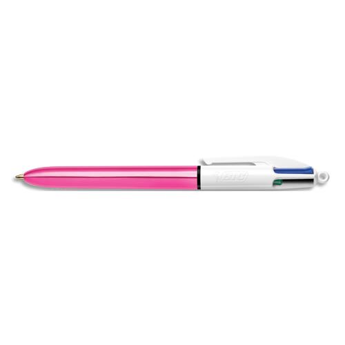 BIC Stylo bille 4 couleurs rétractable Shine. Pointe Moyenne (1,0 mm) - Corps Métallisé Rose