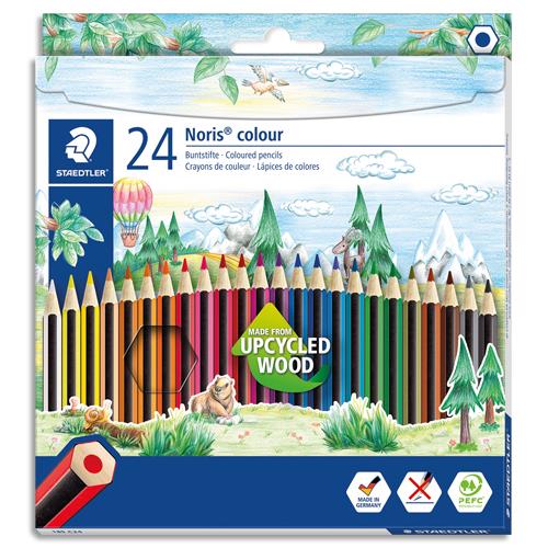 STAEDTLER Etui de 24 crayons de couleur Noris 185. Fabriqué en bois upcycle. Corps hexagonal. Assortis