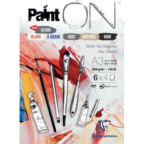 CLAIREFONTAINE Bloc PAINT'ON collé 24F 250g. A3.Assortis 6x4 blanc, à grain, gris, naturel, noir et denim