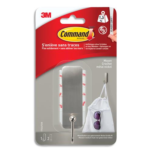 COMMAND Crochet simple adhésif 3M moyen en métal nickel - poids supporté 1,3kg - s'enlève sans trace
