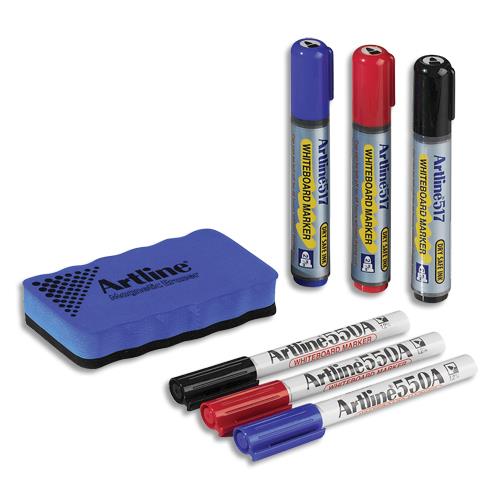 ARTLINE Kit pour tableau blanc avec 1 brosse magnétique + 6 marqueurs 3 coloris assortis
