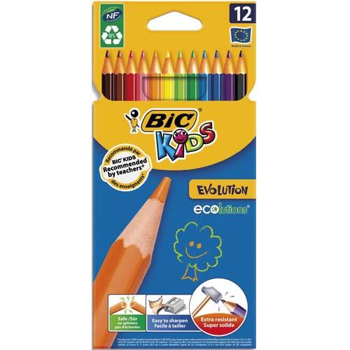 BIC KIDS Evolution ECOlutions Crayons de Couleur - Coloris Assortis, Etui Carton de 12