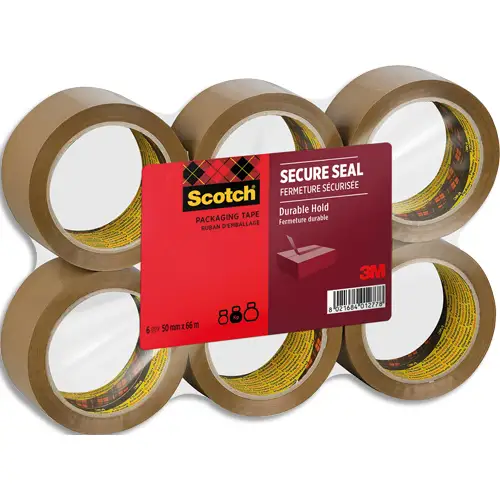 3M Ruban adhésif d'emballage Secure Seal pour fermeture sûre, havane, 50 mmx66 m, lot de 6 rouleaux