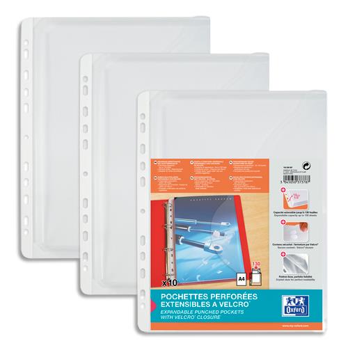 OXFORD Sachet de 10 pochettes perforées à VELCRO® et soufflet en polypro grainée 20/100e. A4,11 trous.