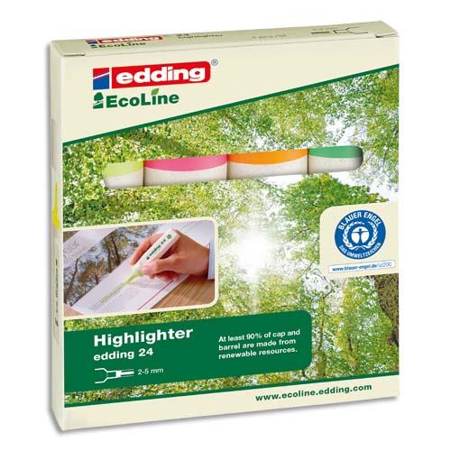 EDDING Pochette de 4 surligneur Ecoline 24. Biseautée. Trait:2 à 5 mm. Jaune, Orange, Vert.