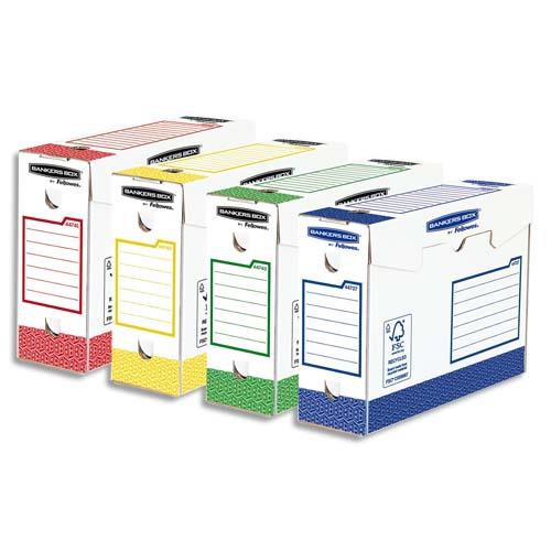 BANKERS BOX Lot 8 boîtes archives dos 10 cm HEAVY DUTY. Montage manuel, assortis Bleu, Rouge, Vert, Jaune