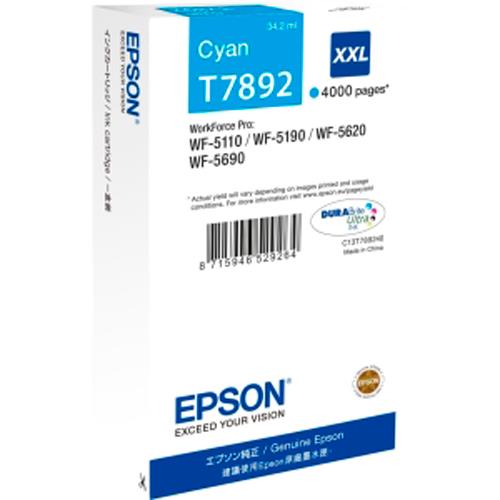 EPSON Cartouche Jet d'Encre Cyan XXL (4 000 p) WF-5xxx (T7892) - C13T789240 (dont eco-taxe de 0,02 €)