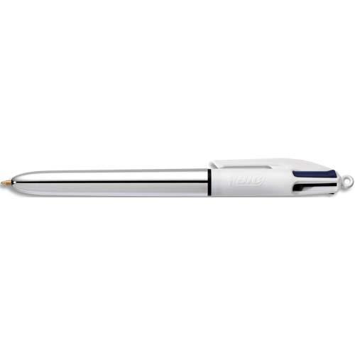 BIC Stylo bille 4 couleurs rétractables Shine. Pointe Moyenne (1,0 mm) - Corps Métallisé Argent