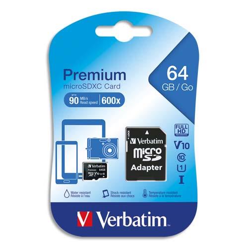 VERBATIM Carte MicroSDHC 64Go+adaptateur Class 10/U1 44084 (dont eco-taxe de 0,02 €) (dont taxe copie privée de 2,80 €)