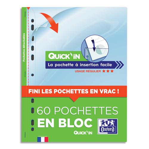 OXFORD Bloc de 60 pochettes perforées QUICK' IN en polypro lisse 5/100e. Format A4, perforation 11 trous
