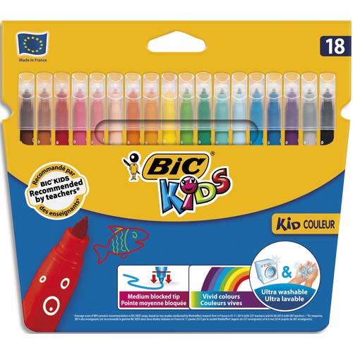 BIC KIDS Kid Couleur Feutres de Coloriage à Pointe Moyenne - Couleurs Assorties, Etui Carton de 18