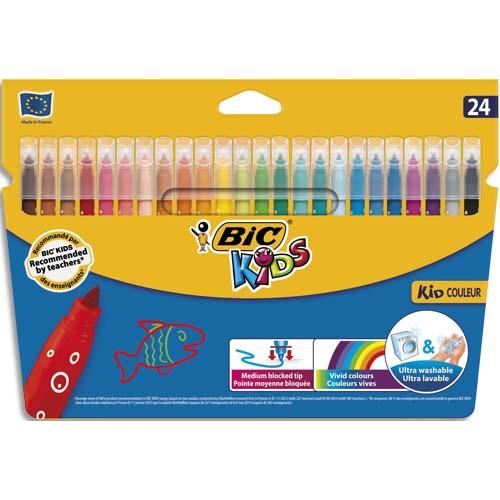 BIC KIDS Kid Couleur Feutres de Coloriage à Pointe Moyenne - Couleurs Assorties, Etui Carton de 24