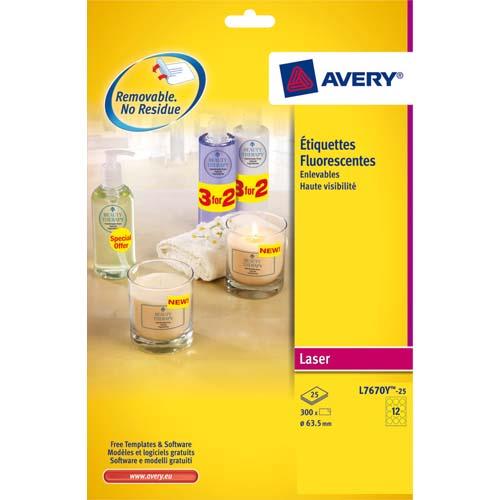 AVERY Boîte de 300 étiquettes Laser Jaune fluo diamètre 63.5 L7670Y-25