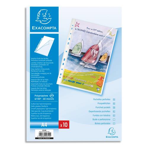 EXACOMPTA Sachet de 10 pochettes perforées A4 PP transparent lisse 6/100. Ouverture en coin toute hauteur