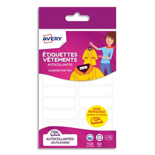 AVERY Blister de 36 étiquettes vêtements autocollantes 13 x 45 mm, coloris Blanc