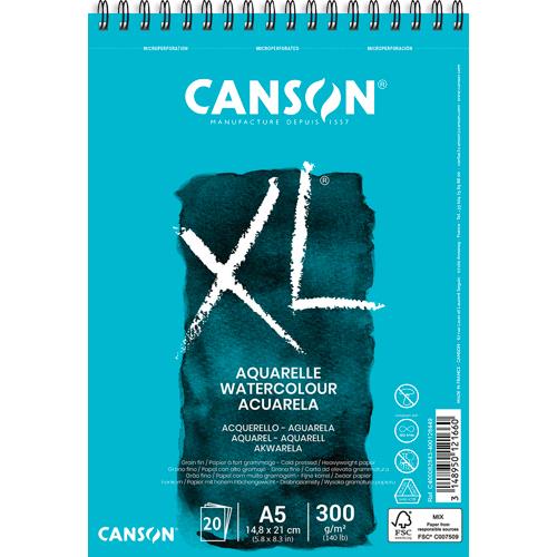 CANSON Album spiralé 20 feuilles XL AQUARELLE, A5, 300G, grain fin Blanc
