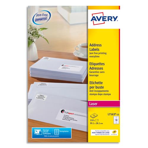 AVERY Boîte de 210 étiquettes adresse/adresse Laser Blanche 99,1x38,1mm L7163-15
