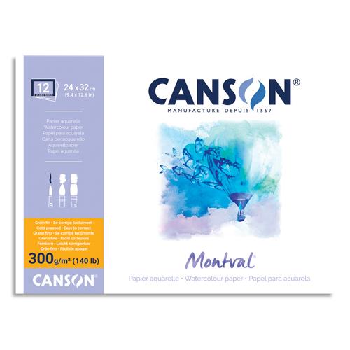 CANSON Bloc 12 feuilles papier aquarelle MONTVAL, collées 4 côtés, 24x32, 300G, grain fin Blanc naturel