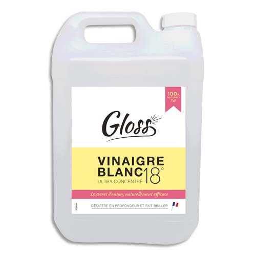 GLOSS Bidon 5 Litres Vinaigre Blanc liquide, détartre, fait briller, concentration 18 degrés, sans parfum