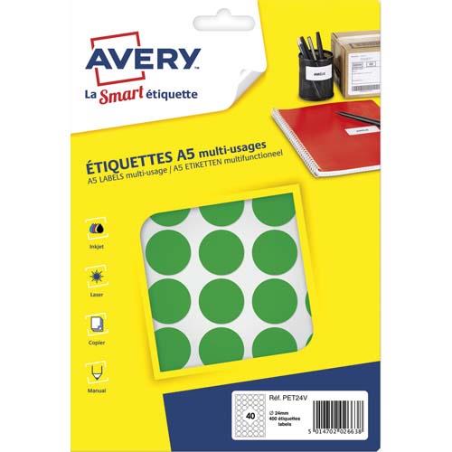 AVERY Sachet de 400 pastilles Ø24 mm. Imprimables. Coloris Vert.