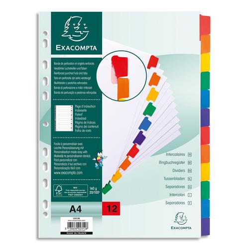 EXACOMPTA Jeu d'intercalaire 12 positions en carte Blanche 170g, onglets Mylar®. Format A4.