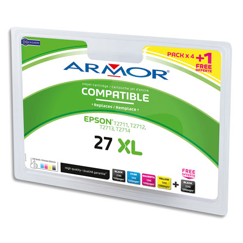 ARMOR Pack de 5 cartouches compatibles Jet d'encre 2 x Noir, Cyan, Magenta, Jaune EPSON 27XL B10447R1 (dont eco-taxe de 0,10 €)