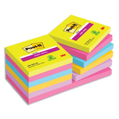 POST-IT Lot de 12 blocs Super Sticky 76 x 76 mm 90 feuilles. Couleurs assorties.