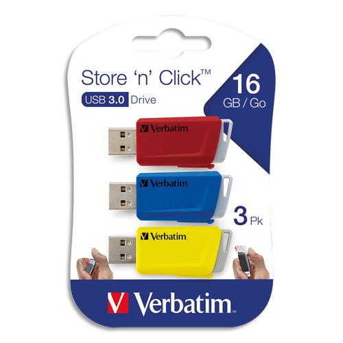 VERBATIM Pack de 3 clés USB 3.0 rétractables 16Go Store 'n' Click Rouge/Bleu/Jaune 49306 (dont eco-taxe de 0,03 €) (dont taxe copie privée de 4,50 €)